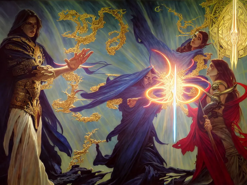 Image similar to painting of powerful stylish sorcerer and a cleric banishing the darkness and its abominations with a rainbow spell, ultra realistic, concept art, intricate details, eerie, highly detailed, photorealistic, octane render, 8 k, unreal engine. art by artgerm and greg rutkowski and magali villeneuve and alphonse mucha