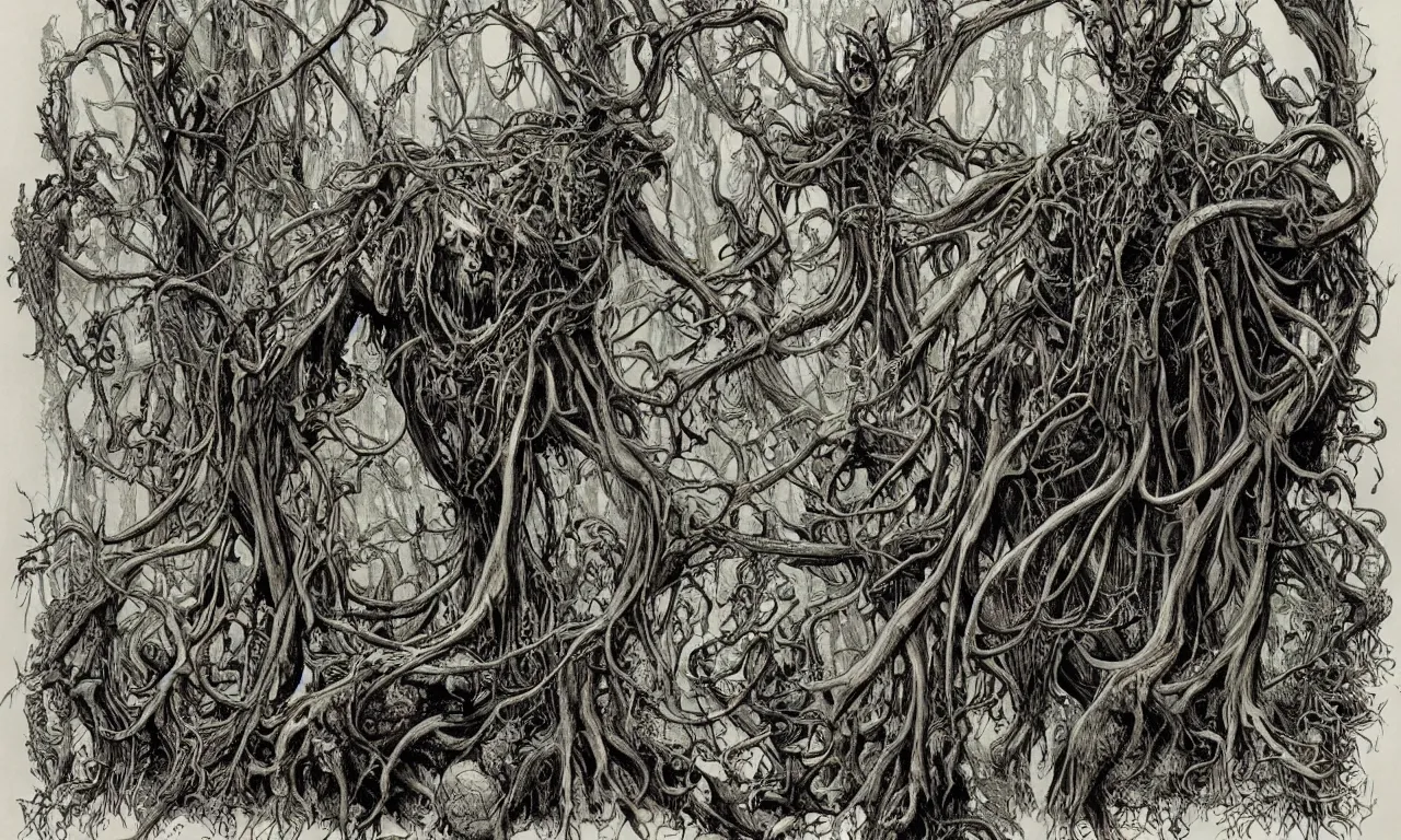 Image similar to hyperdetailed art nouveau portrait of treebeard and swamp thing as a cthulhu eyeball moose skull wendigo swamp thing creatures, by michael kaluta, pushead and bill sienkiewicz, photorealism, claws, skeleton, antlers, fangs, forest, wild, bizarre, scary, lynn varley, lovern kindzierski, steve oliff