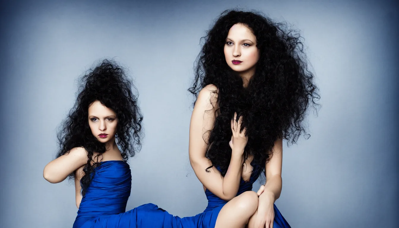 Prompt: a portrait photography of a beautiful woman with black long curly hair and full body dress in blue by Annie Leibovitz, soft professional studio lighting, dramatic colors scheme, fine art photography, dramatic colors background, 50 mm sigma art