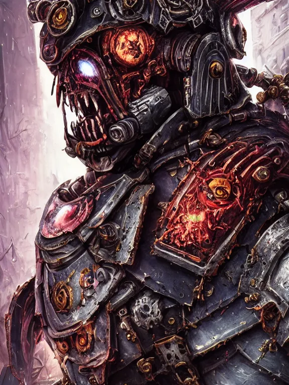 Image similar to portrait art of 8k ultra realistic undead corrupted space marine, head on fire , detailed intricate ornate armour,decaying, cybernetic, full of colour, cinematic lighting, battered, trending on artstation, 4k, hyperrealistic, focused, extreme details,unreal engine 5, cinematic, masterpiece, art by ayami kojima, giger