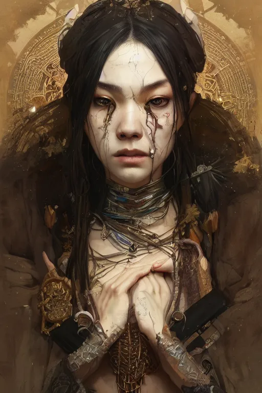 Image similar to A full portrait of a beautiful terrible dystopian junktown Japanese necromancer sorcerer enchanter, intricate, elegant, highly detailed, digital painting, artstation, concept art, smooth, sharp focus, illustration, art by Krenz Cushart and Artem Demura and alphonse mucha