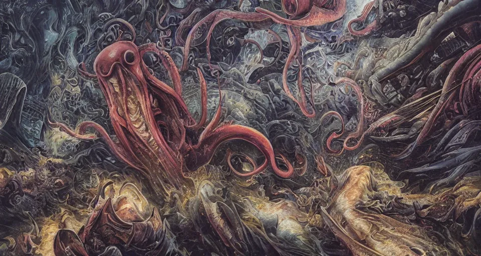 Image similar to ultra detailed render of giant squid attacks city, low angle, tentacles, fire, smoke, debris, crumbling, octane render, 8 k, dramatic lighting, by nychos, by umberto boccioni, by dan hillier, by h. r. giger