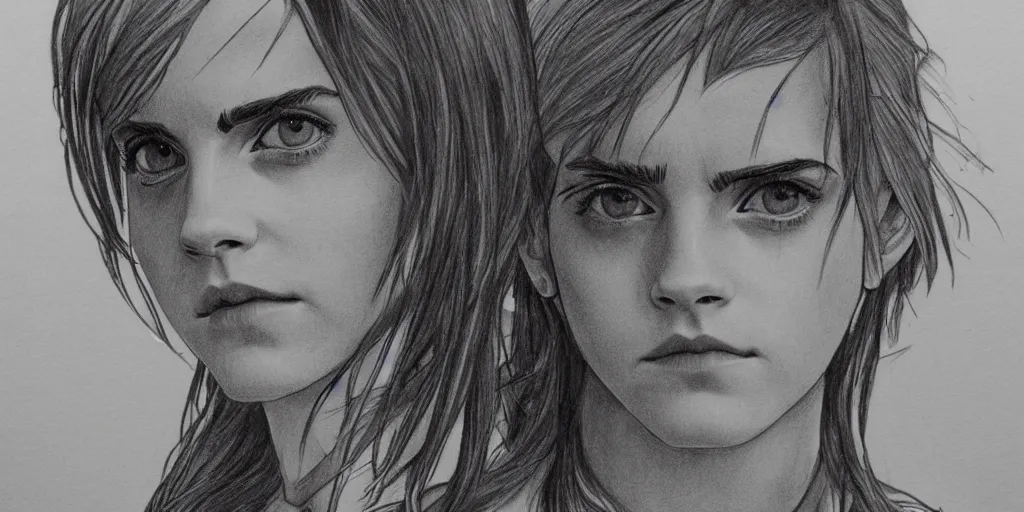 Image similar to emma watson in a demon slayer manga, pencil and vine charcoal drawing, on medium grade paper, indian ink, variable lineart, grayscale, manga tones, detailed, set in hell, with volcanoes in the background, threatening an oompa loompa, hyper realistic