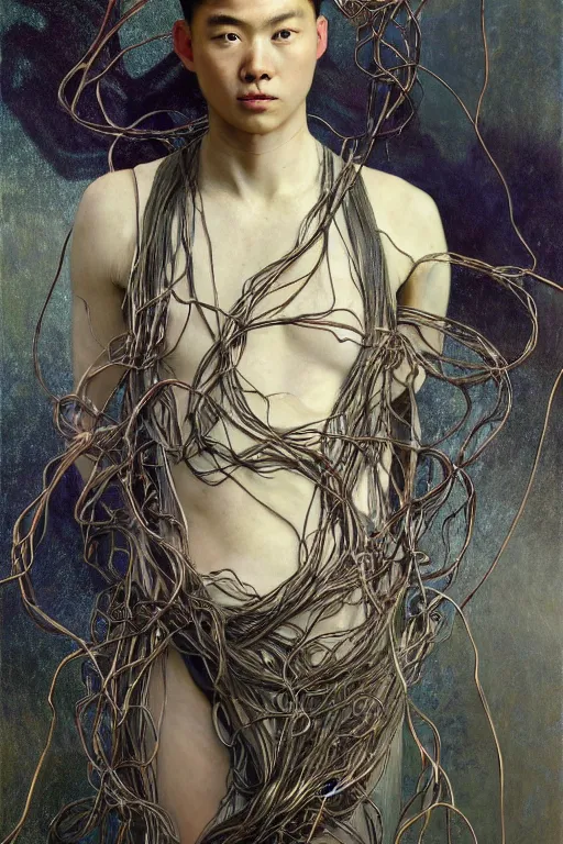 Image similar to hyperrealist portrait of elijah zu bailey, it is decorated with long wires that fall like vines and wears small computers over their body. by jeremy mann and alphonse mucha, fantasy art, photo realistic, dynamic lighting, artstation, poster, volumetric lighting, very detailed faces, 4 k, award winning