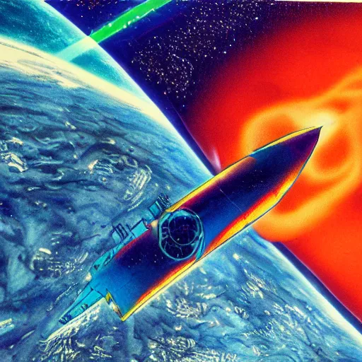 Prompt: starship during reentry of earth atmosphere, 1 9 8 0 s concept art, vintage, high saturation colors, high quality, hand drawn