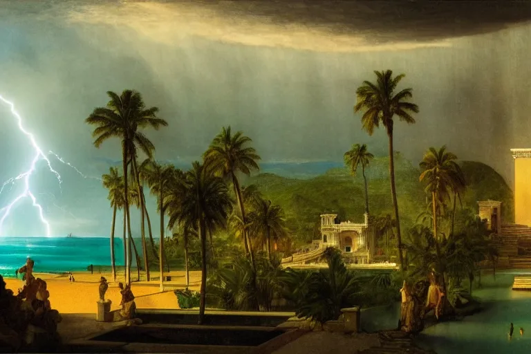 Image similar to From inside of the palace, refracted lightnings on the ocean, thunderstorm, greek pool, beach and Tropical vegetation on the background major arcana sky and occult symbols, by paul delaroche, hyperrealistic 4k uhd, award-winning, very detailed paradise