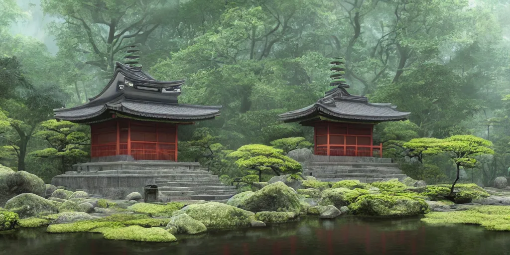 Image similar to a ancient japanese temple in the middle of a forest mear a small river, extremely highly detailed, high quality, 8K HDR, octane render, unreal engine 5, hyperrealistic, concept art, trending on Artstation, dramatic lighting, cinematic, high coherence, path tracing, ruins, clouds in the sky, singular building, centered