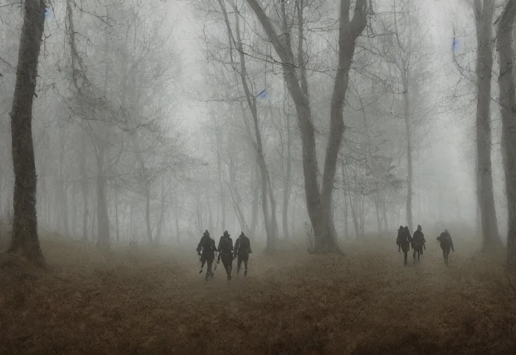 Prompt: side view of musketeers walking in a forest, foggy, rain, gloomy, mysterious, artstation, jakub rozalski, high detail