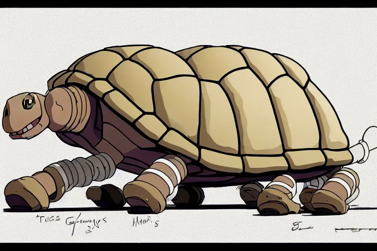 Image similar to a study of a cell shaded cartoon of a beige mechanical tortoise from howl's moving castle ( 2 0 0 4 ), at a gas station, full body, wide shot, very muted colors, post grunge, studio ghibli, laurie greasley, highly detailed, deviantart, art by artgem