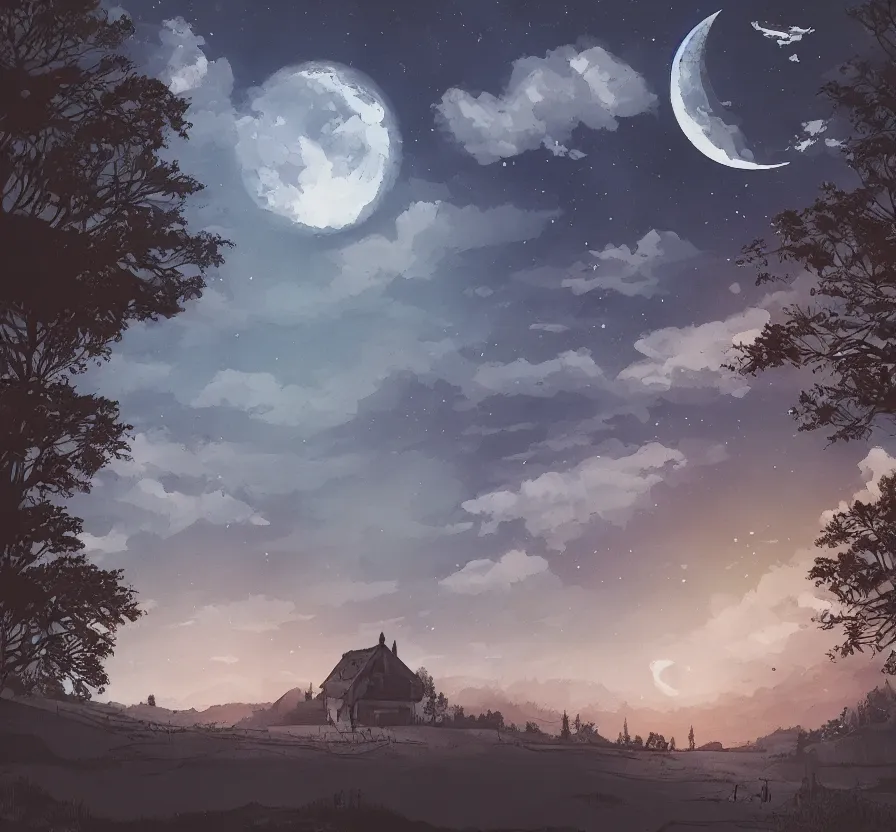 Prompt: day landscape with big moon background, acrilic paint, digital, artstation, detailed, intricate, ink, illustration, heavenly atmosphere