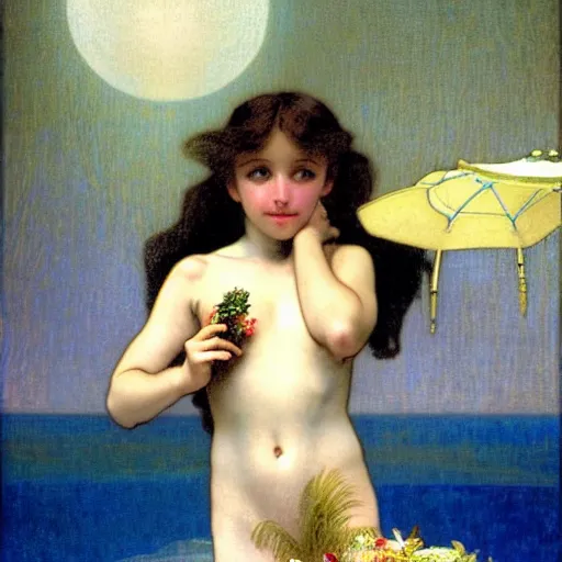 Prompt: Moon girl at the palace, thunderstorm, greek pool, beach and palm trees on the background major arcana sky, by paul delaroche, alphonse mucha and arnold böcklin arnold böcklin hyperrealistic 8k, very detailed