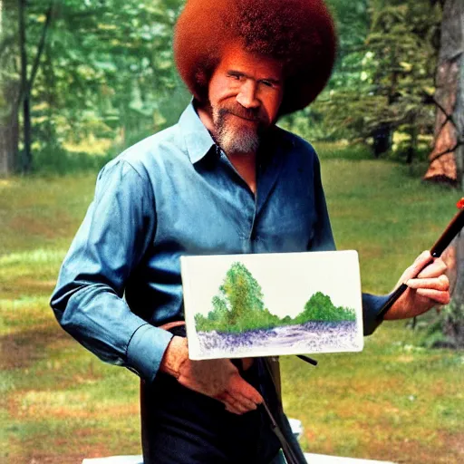 Image similar to bob ross painting a canvas with a paintball gun