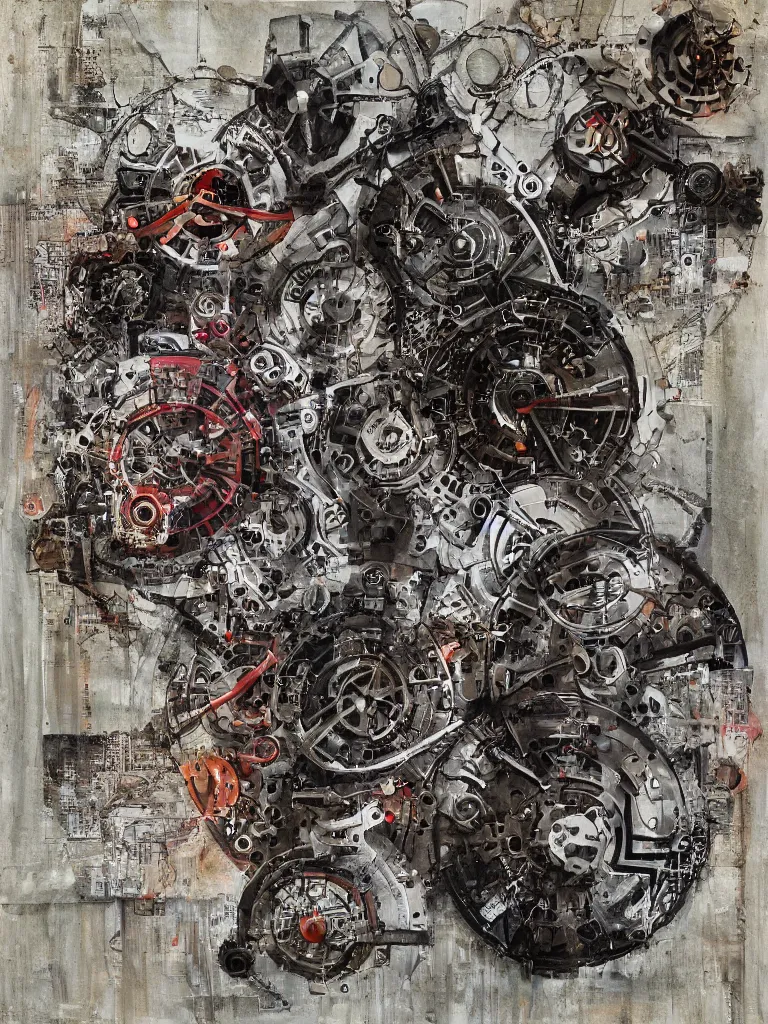 Image similar to peace via tyranny, mechanical, stoic, mixed media,