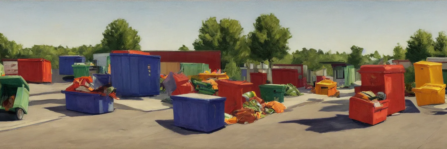 Image similar to Dumpsters by the parking lot behind a Walmart in a North American suburban strip mall by Edward Hopper