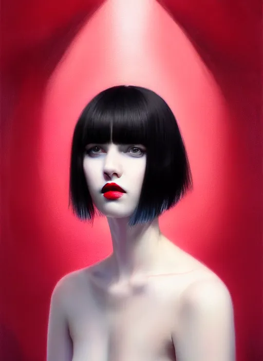 Image similar to portrait of pale teenage girl, red irises, black hair, white bangs, purple lipstick, white bangs, bangs, black hair and white bangs, intricate, elegant, glowing lights, highly detailed, digital painting, artstation, concept art, smooth, sharp focus, illustration, art by wlop, mars ravelo and greg rutkowski