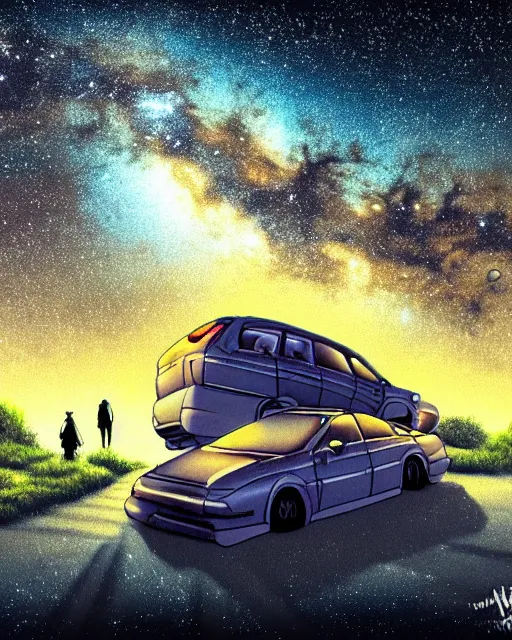 Prompt: there is a broken public car under the milky way, night scene, photography, fine details. night setting. trending on art station