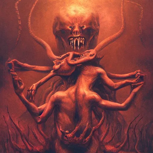 Image similar to two demons dance ballet in hell, beksinski, dariusz zawadzki, very coherent symmetrical artwork. cinematic, hyper realism, high detail, octane render, 8 k