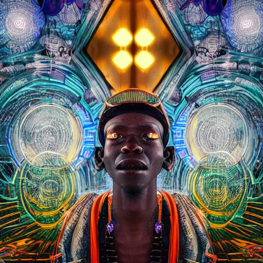Prompt: symmetry!! a dogon priest opening a steampunk neon portal in the lost realm, with a single glowing hut in the void, by machina infinitum and android jones, surreal psychedelic portrait style, dim lit, rim light, intricate and detailed environment, radiant lighting