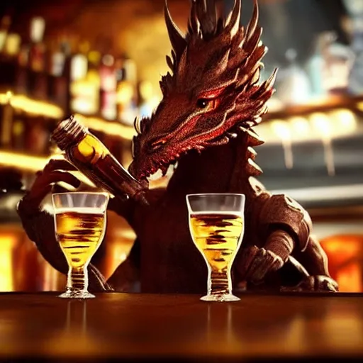 Image similar to a anthropomorphic dragon drinking in a bar Trending on artstation DeviantArt Pinterest furaffinty Photorealistic HD 8k highlights and shadow detailed High Resolution