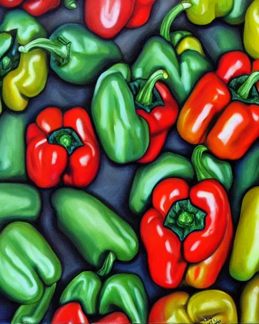 Prompt: peppers painted by Michael Godard, mustang
