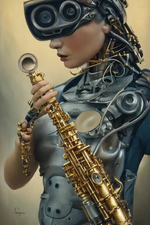 Prompt: a beautiful ultradetailed vintage photo of cyborg playing an oboe, by tom bagshaw and anna dittman, couples portrait, vignette, 3 5 mm lens, golden ratio composition, detailed faces, studio photography, very detailed, humanoids, industrial robots, artstation, 8 k, highly coherent