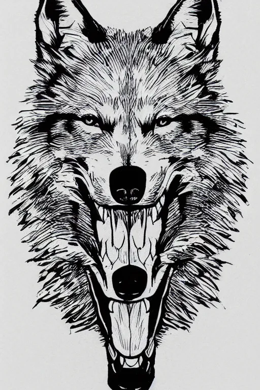 Image similar to Psychotic crisis portrait of a wolf head. pen sketch on white paper, simple black lines, lineart