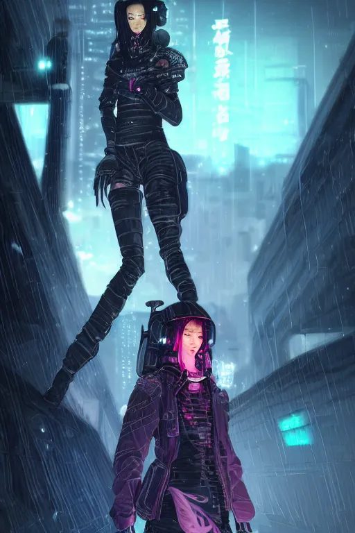 Image similar to portrait futuristic confidence cyberpunk young female Musketeer, in futuristic stormy heavy snowy tokyo rooftop cyberpunk night, ssci-fi, fantasy, intricate, very very beautiful, elegant, neon light, highly detailed, digital painting, concept art, human anatomy, soft light, hdri, smooth, sharp focus, illustration, art by tian zi and craig mullins and WLOP and alphonse mucha