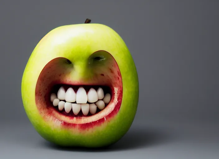 Image similar to photo still of an apple with human teeth, 8 k, studio lighting bright ambient lighting key light, 8 5 mm f 1. 8