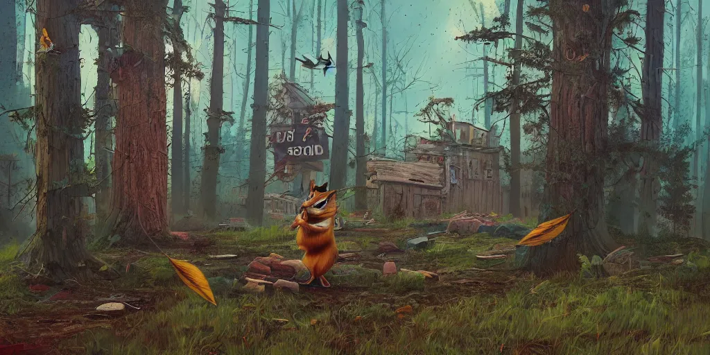 Prompt: A chipmunk with feathers. Detailed digital matte painting in the style of simon stalenhag