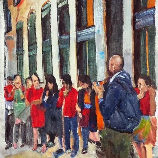 Prompt: teenegers with phones as head stend in front of a school in genoa. painting