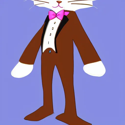 Image similar to in the style of elysecastro, cartoon anthropomorphic cat, male, waring a pink tux, brown furr