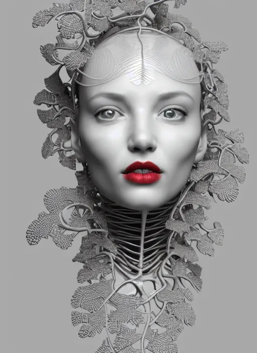 Image similar to complex 3d render ultra detailed of a beautiful porcelain profile woman face, mechanical cyborg, 150 mm, beautiful natural soft light, rim light, silver white gold details, magnolia big leaves and stems, roots, fine foliage lace, maze like, mesh wire, intricate details, hyperrealistic, ultra detailed, mandelbrot fractal, anatomical, red lips, white metal neocubism armor, facial muscles, cable wires, microchip, elegant, octane render, H.R. Giger style, 8k