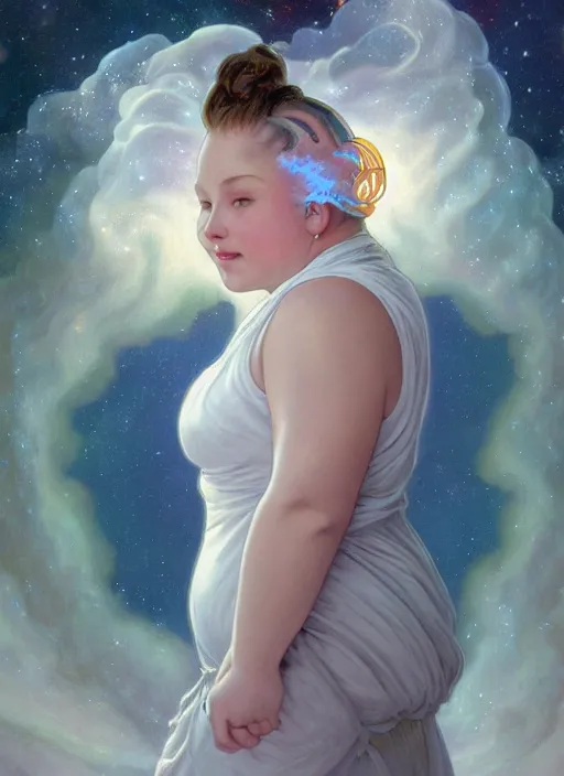 Image similar to a chubby woman with pointed ears, wearing a white sundress, and a swirling sparkling cloud galaxy nebula for hair, realistic painting by ross tran and gerald brom and alphonse mucha, artgerm, trending on artstation