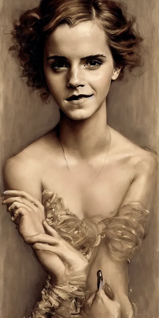 Image similar to emma watson smiling detailed portrait curly updo painting by gaston bussiere craig mullins j. c. leyendecker photograph by richard avedon peter lindbergh annie leibovitz