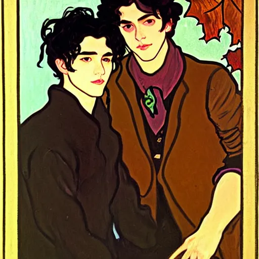 Image similar to painting of young cute handsome beautiful dark medium wavy hair man in his 2 0 s named shadow taehyung and cute handsome beautiful min - jun together at the halloween party, bubbling cauldron, candles, smoke, tarot, autumn colors, elegant, stylized, soft facial features, delicate facial features, art by alphonse mucha, vincent van gogh, egon schiele