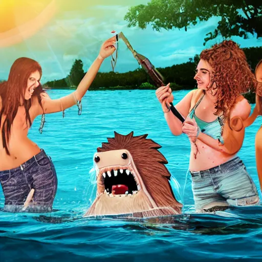 Image similar to three young women having fun on a boat, while a zombie beaver with glowing eyes is swimming beneath them. horror. realistic photo. very detailed.