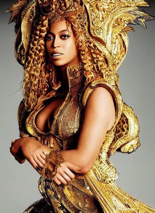 Image similar to beyonce photoshoot as a powerful anime boss villain, realistic, intricate, hyper detailed, overpowered, all gold, renaissance style clothes