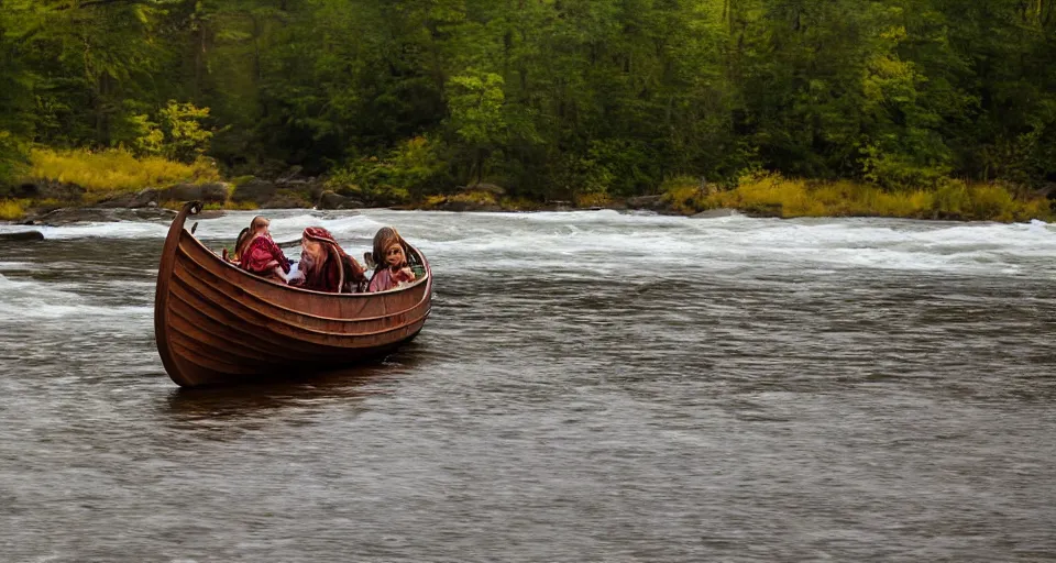 Prompt: a viking ship sailing down a river, f / 2. 8, motion blur