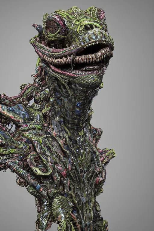 Prompt: hyper-maximalist overdetailed 3d sculpture of a biomechanical reptilian extraterrestrial monster by clogtwo and ben ridgway. 8k. Generative art. Fantastic realism. Scifi feel. Extremely Ornated. Intricate and omnious. Tools used: Blender Cinema4d Houdini3d zbrush. Unreal engine 5 Cinematic. Beautifully lit. No background. artstation. Deviantart. CGsociety. Inspired by beastwreckstuff and jimbo phillips. Cosmic horror infused retrofuturist style. Hyperdetailed high resolution Render by binx.ly in discodiffusion. Dreamlike polished render by machine.delusions. Sharp focus.