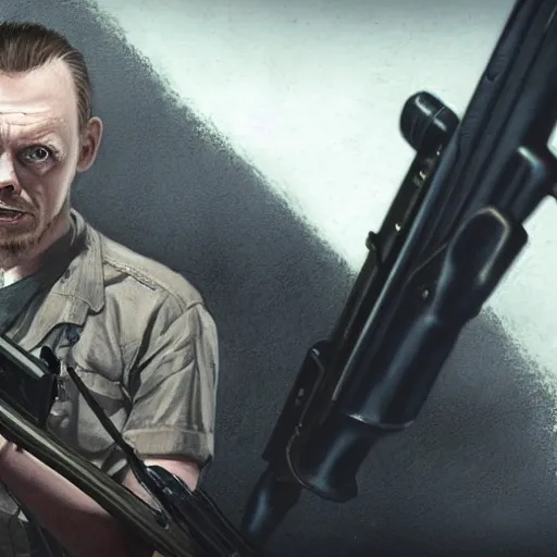 Prompt: simon pegg with winchester - rifle portrait, horror core, apocalyptic, sharp focus, fiction, hyper detailed, digital art, trending in artstation, cinematic lighting, studio quality, smooth render, unreal engine 5 rendered, octane rendered, art style and nixeu and wlop and krenz cushart