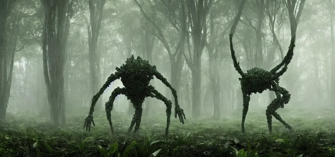 Image similar to a complex organic fractal 3 d metallic symbiotic ceramic humanoid megastructure creature in a swampy lush forest, foggy, cinematic shot, photo still from movie by denis villeneuve, wayne barlowe