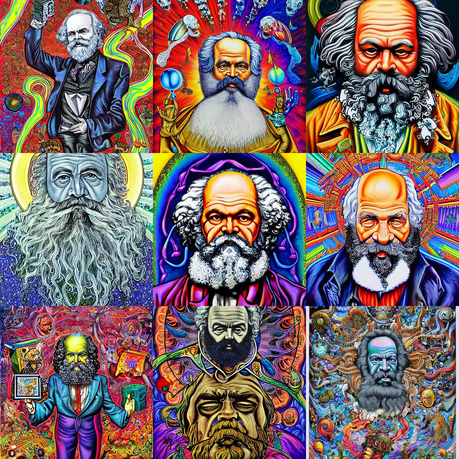 Prompt: Karl marx painting by aaron brooks, chris dyer, android jones, and alex grey, highly detailed, high quality, high definition