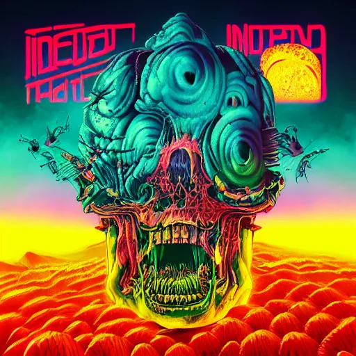 Prompt: brand new album artwork of Infected Mushroom comprised of synthwave music and the album artwork is synthwave art style