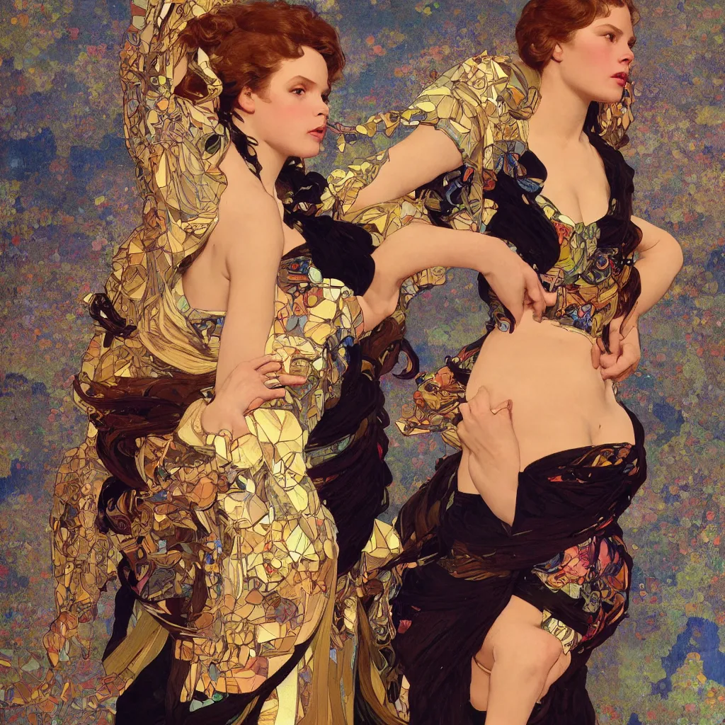 Image similar to modern woman | hyperrealistic | action pose | digital painting | trending on artstation | pinup portrait | clean | illustration | dressed | Unreal Engine 5 | 8k resolution | by Greg Rutkowski Alphonse Mucha Gustav Klimt and Mel Ramos