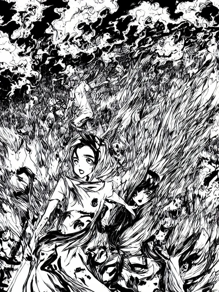 Image similar to field on fire, demons attacking humans, black and white, manga