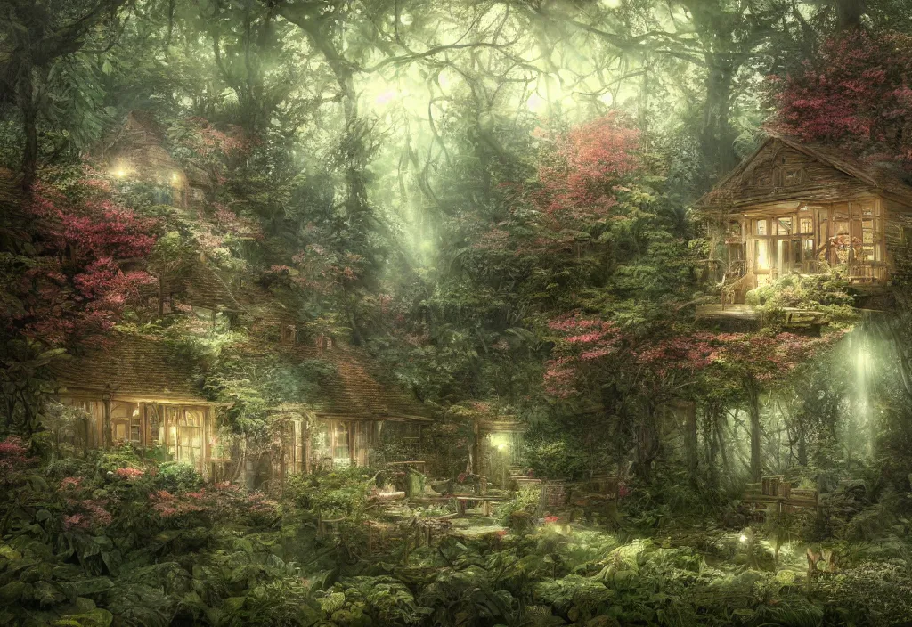 Image similar to a house sitting in a forest, wallpaper, ornate, beautiful, atmosphere, vibe, flowers, concept art illustration, color page, 4 k, tone mapping, doll, akihiko yoshida, james jean, andrei riabovitchev, marc simonetti, yoshitaka amano, digital illustration, greg rutowski, volumetric lighting, sunbeams, particles