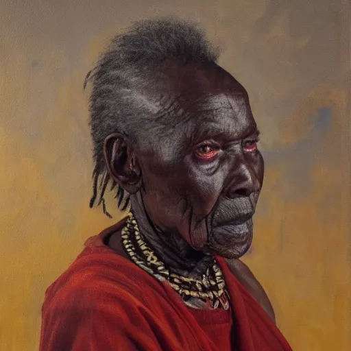 Image similar to a painting of a wise elder from Kenya by Lynette Yiadom-Boakye . dramatic angle, ethereal lights, details, smooth, sharp focus, illustration, realistic, cinematic, artstation, award winning, rgb , unreal engine, octane render, cinematic light, macro, depth of field, blur, red light and clouds from the back, highly detailed epic cinematic concept art CG render made in Maya, Blender and Photoshop, octane render, excellent composition, dynamic dramatic cinematic lighting, aesthetic, very inspirational, arthouse.