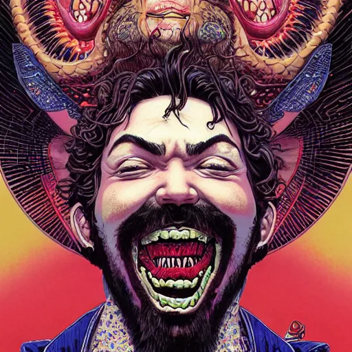 Image similar to portrait of crazy post malone singer, excited, symmetrical, by yoichi hatakenaka, masamune shirow, josan gonzales and dan mumford, ayami kojima, takato yamamoto, barclay shaw, karol bak, yukito kishiro