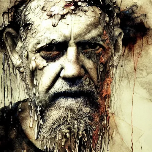 Image similar to wet collodion photography of innsmouth dweller mutant fisherman sailor old man with gills and scales creatures from the deep ocean by emil melmoth zdzislaw beksinki craig mullins yoji shinkawa realistic render ominous detailed photo atmospheric by jeremy mann francis bacon and agnes cecile ink drips paint smears digital glitches glitchart