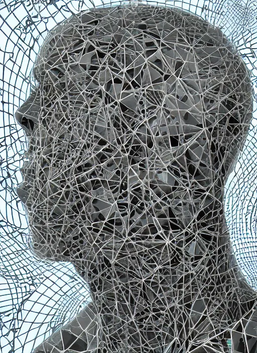 Prompt: realistic cyborg of mathematical essance, portrait with high number of iterations and complexity, maze like patterns, detailed surreal photography
